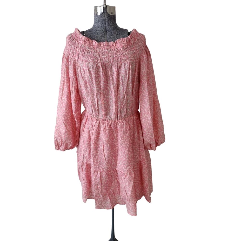H&M Dress Womens Large Pink White Leaf Print Long Sleeve Midi TENCEL Lyocell